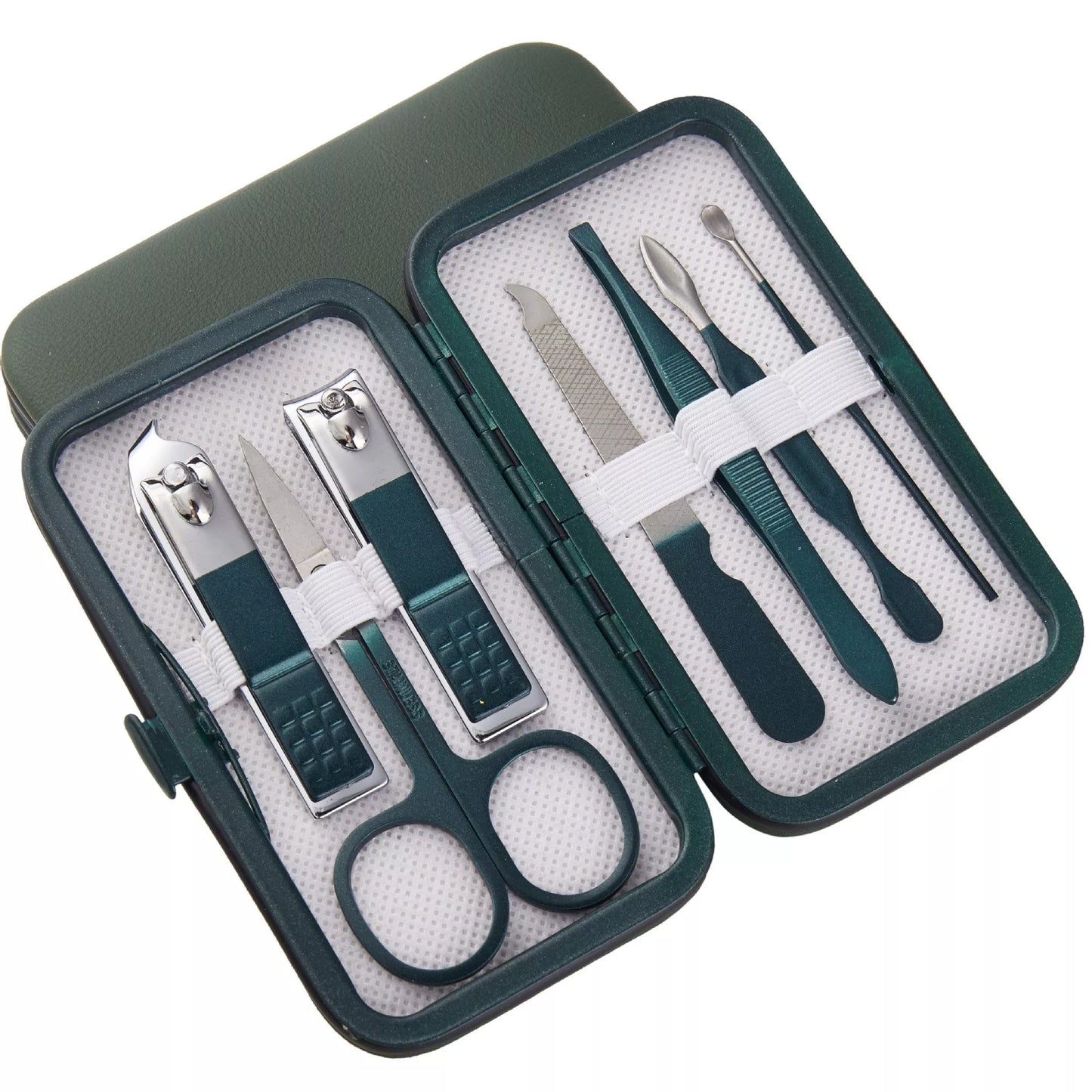 Professional stainless steel manicure set with emerald green case