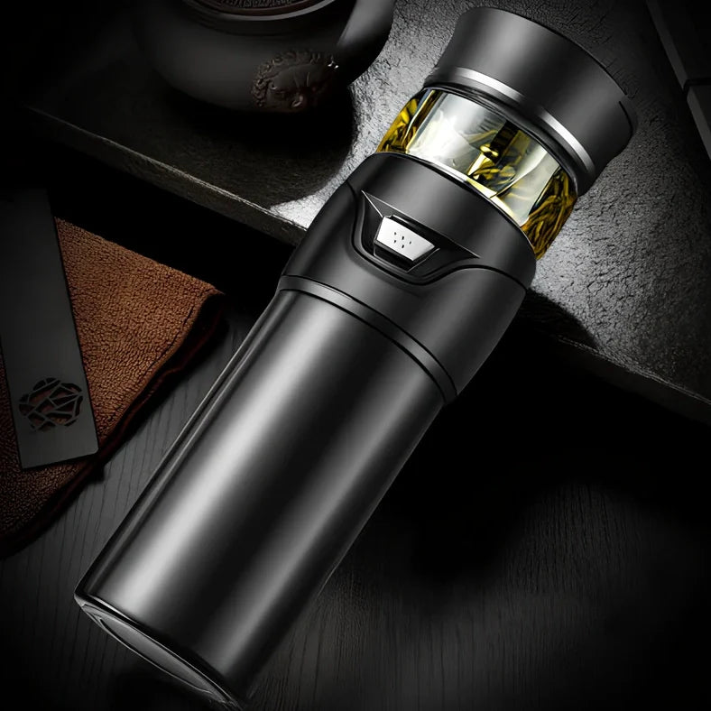 Stainless steel tea separation cup with one-button mechanism showing straight cup design and multiple colour options