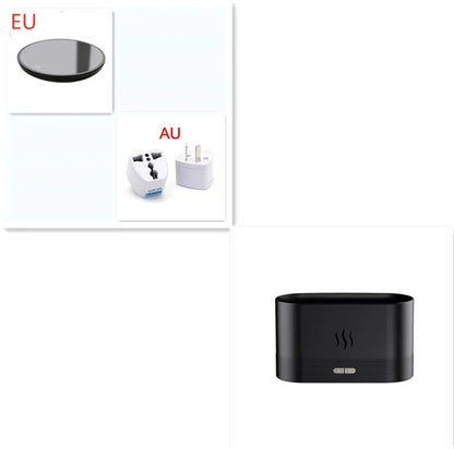 Square black aroma diffuser with flame light effect and mist output, 75x75x137mm