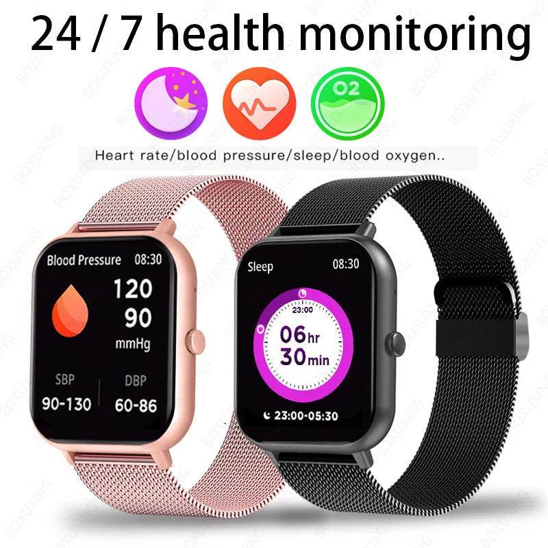 ZL54C smart watch on wrist showing health stats on AMOLED screen, with Milan steel strap option.