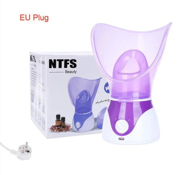 Purple facial steamer with dual conical cones for deep pore cleansing and nasal steam therapy