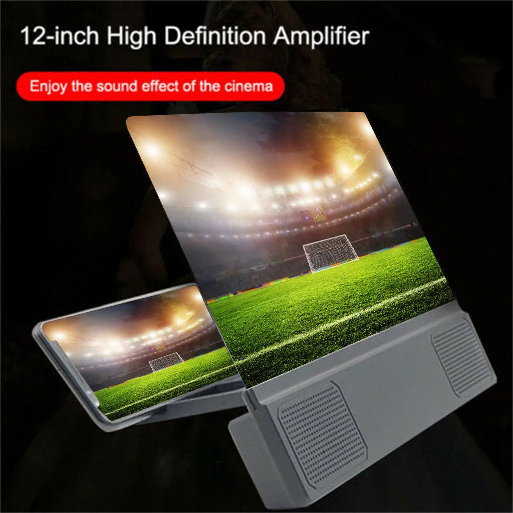 12-inch mobile phone screen amplifier with flexible gooseneck stand and built-in speaker, shown magnifying a smartphone display.