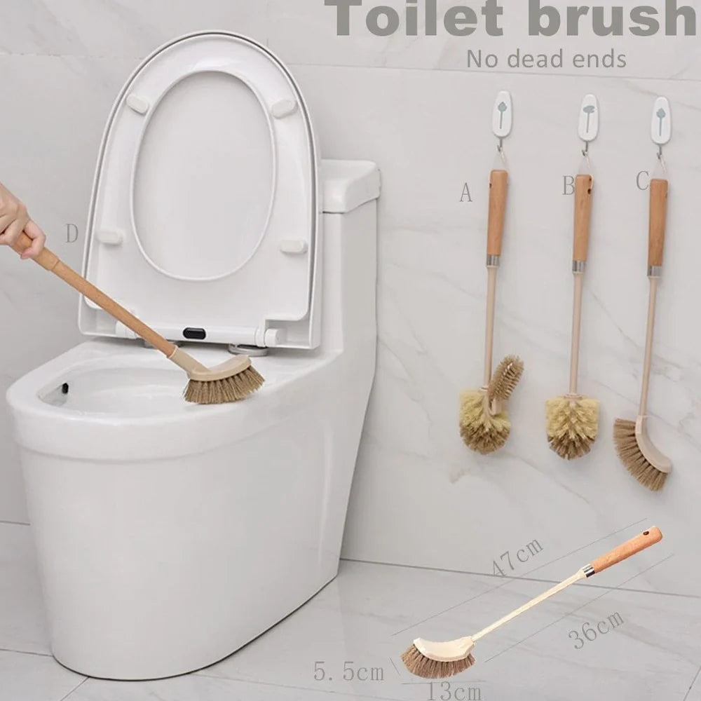 Wooden toilet brush with 360 degree bristles and natural beech handle for bathroom cleaning
