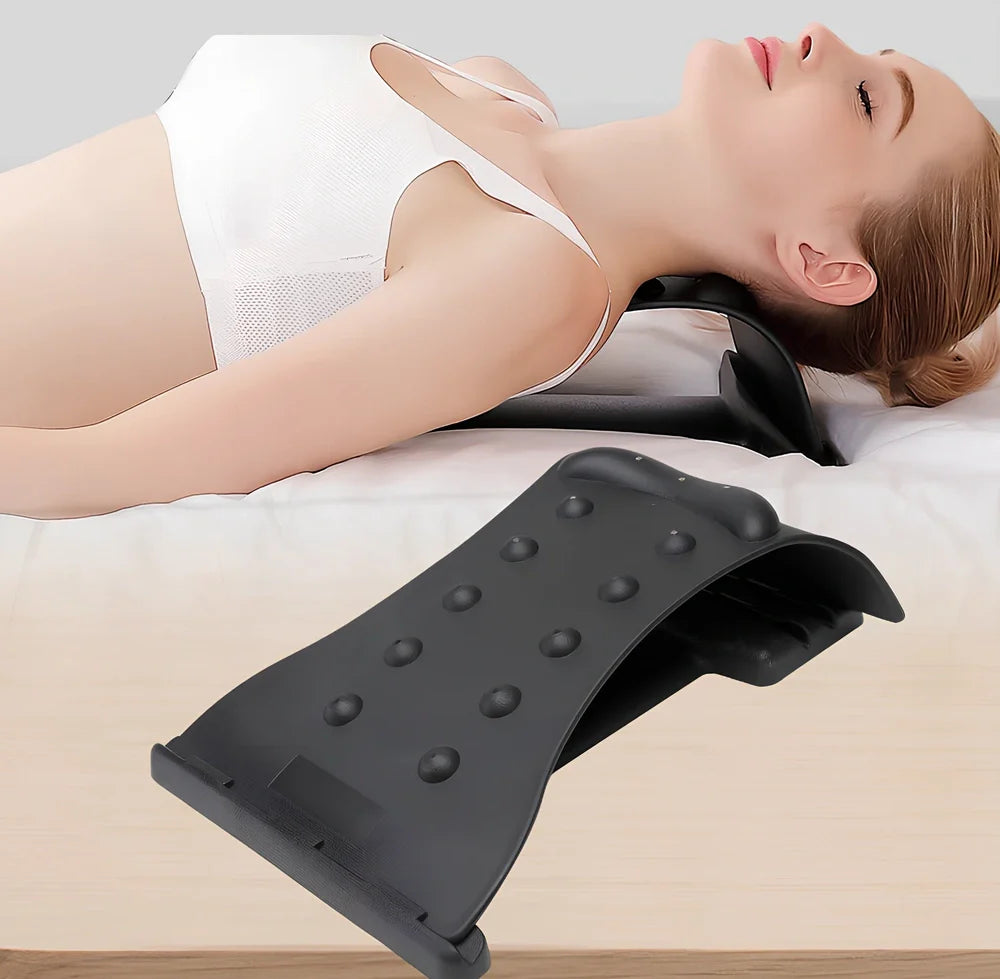 Black cervical traction device with adjustable height settings for neck support