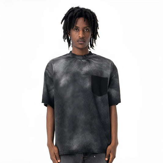 Black men's loose cotton t-shirt with printed letter pattern and drop-shoulder sleeves.