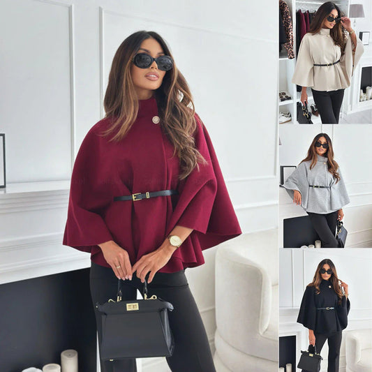 Stylish batwing cloak jacket with belt, available in various colors for women's fashion and outerwear