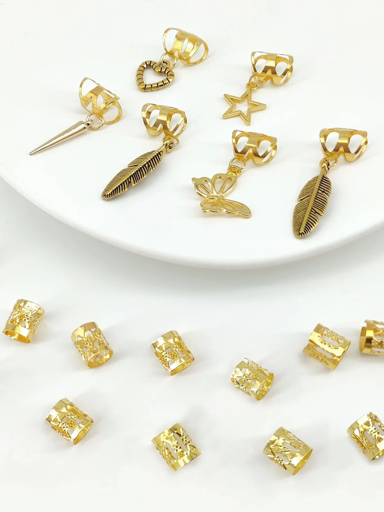 Antique style dirty braid hair rings in electroplated gold or silver alloy, 26-piece pack
