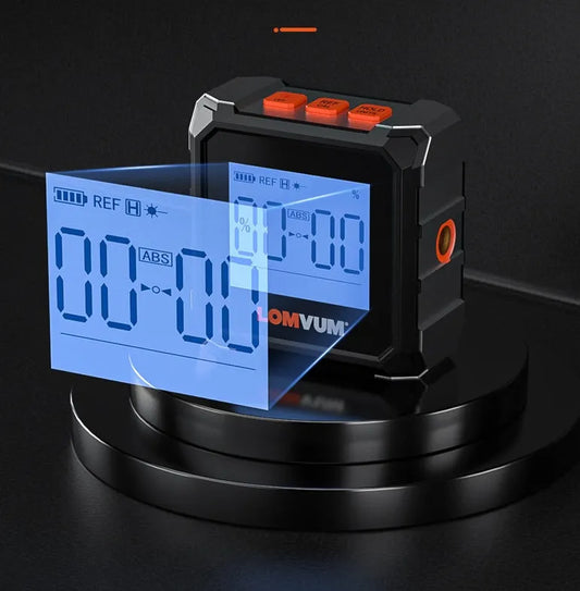 Longyun digital inclinometer with backlight display showing measurement readings on alloy casing