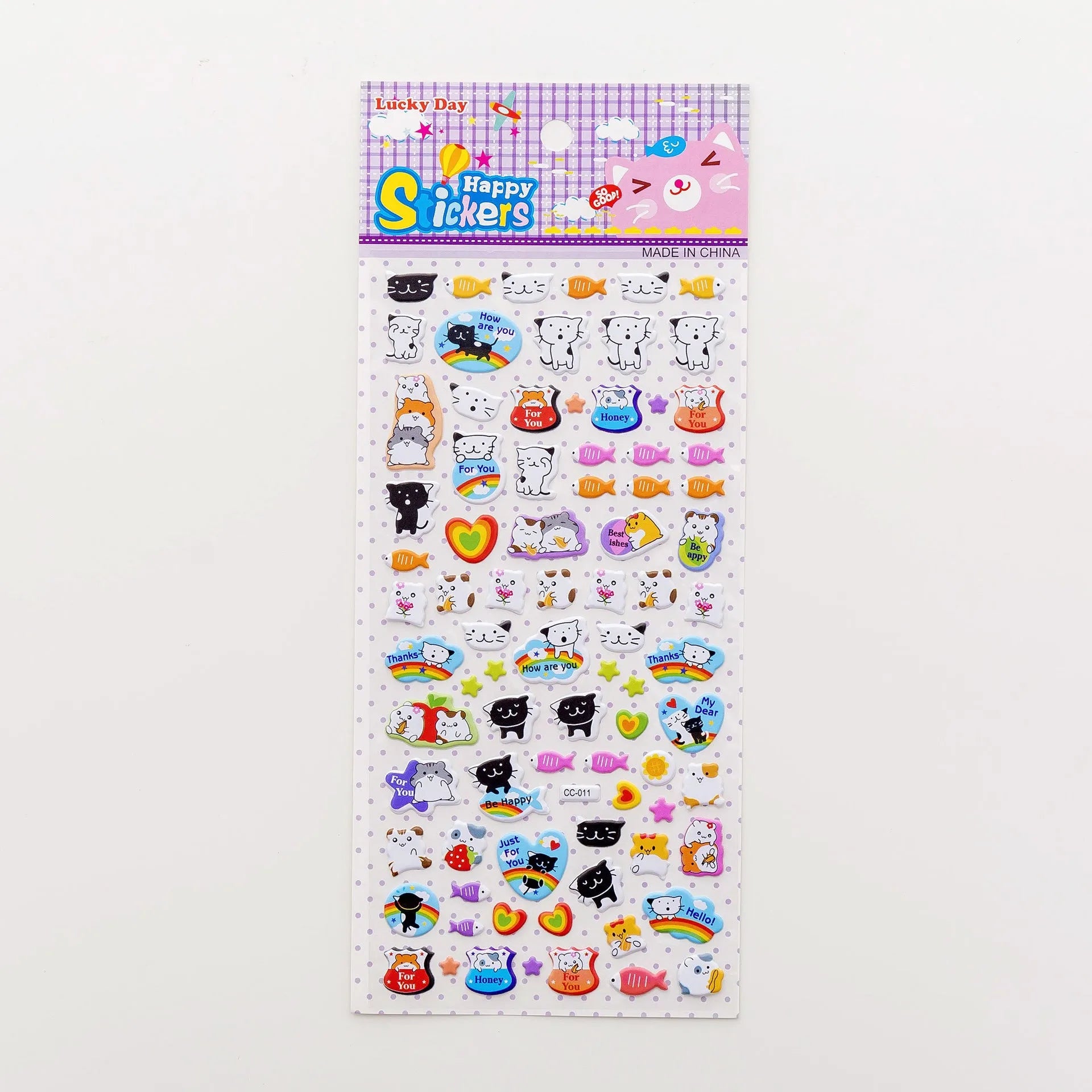 Cartoon three-dimensional bubble stickers showing colourful animal, food and pattern designs for decoration
