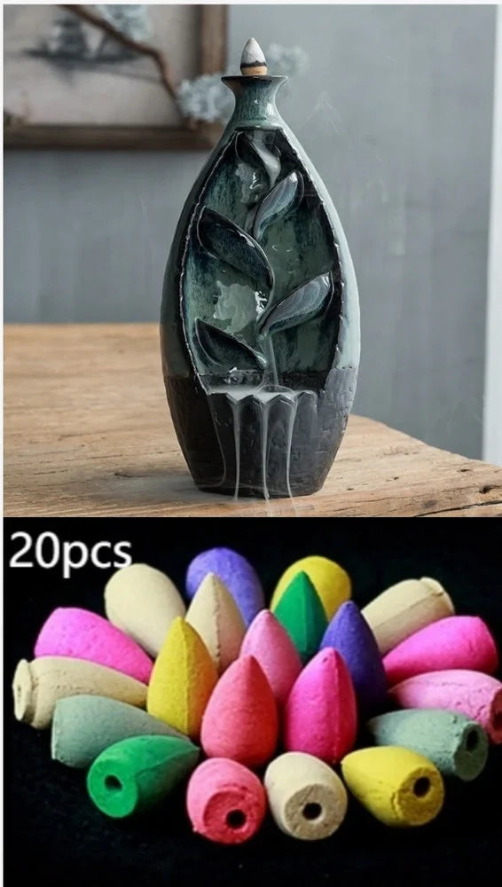 Wood flour indoor incense tower burner, 15cm tall with 8cm base and colour glaze, viewing smoke from 2.5cm cones