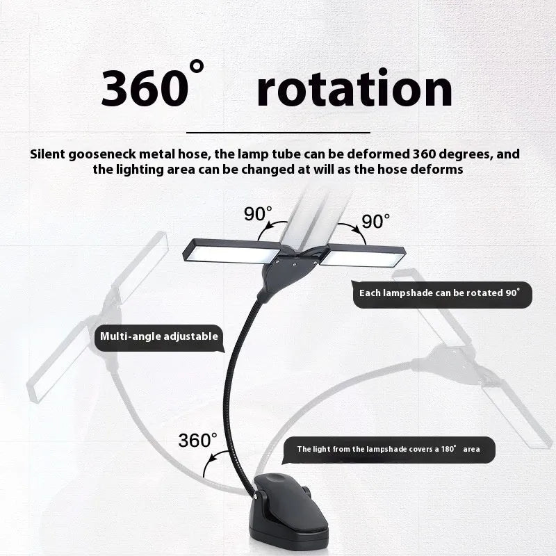 Black music stand light with flexible neck attached to metal music stand, illuminating sheet music