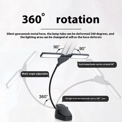Black music stand light with flexible neck attached to metal music stand, illuminating sheet music