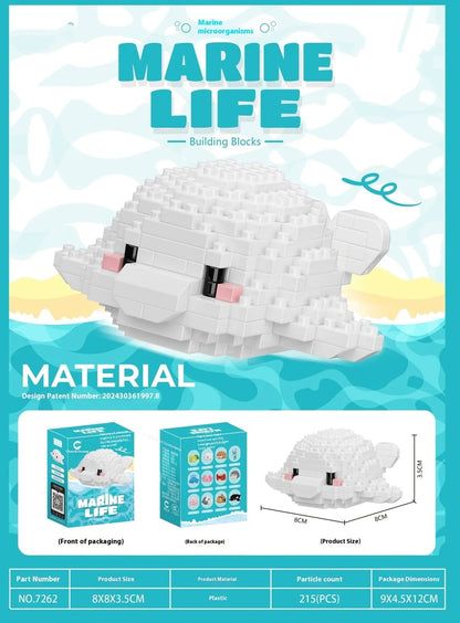 Marine small creature building blocks set showing 12 different sea animal models in colour box packaging