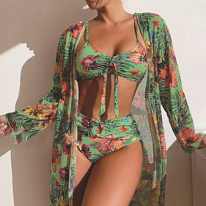 Women's plus size long blouse split bikini suit in quick-dry polyester