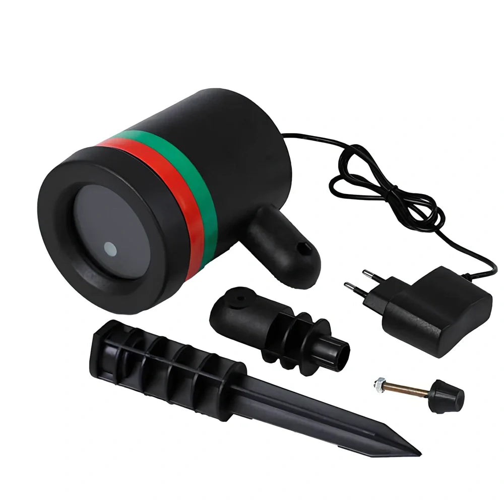 Black Christmas projection light with starry laser pattern on brick wall, 13.5cm unit with 29cm handle