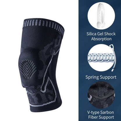 Durable knee pads with knitted silicone construction, V-shaped design, and 360-degree non-slip strips for all-around sports protection