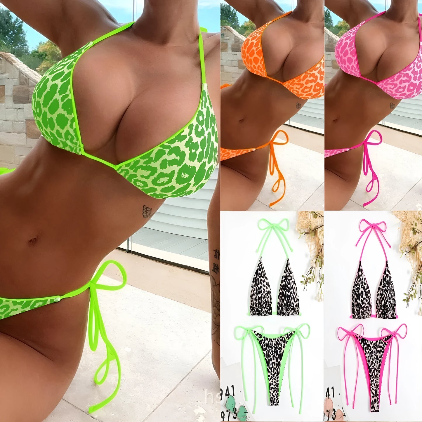 Women's lace-up triangle split bikini set in polyester fabric with multiple colour style options