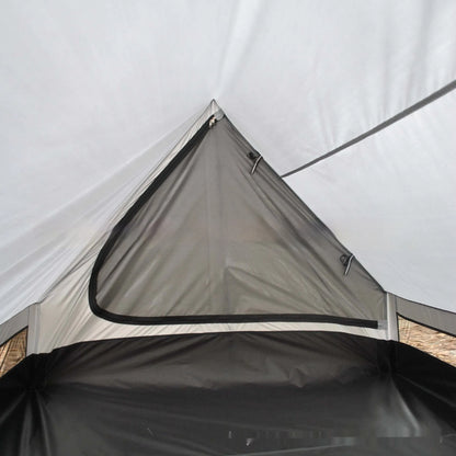 Brown and white portable A-line camping tent set up with hiking poles, showing its spacious interior for 2-3 people.