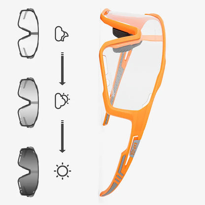 Photochromic cycling sports goggles with a semi-rimless TR90 frame and adaptive tint lens.