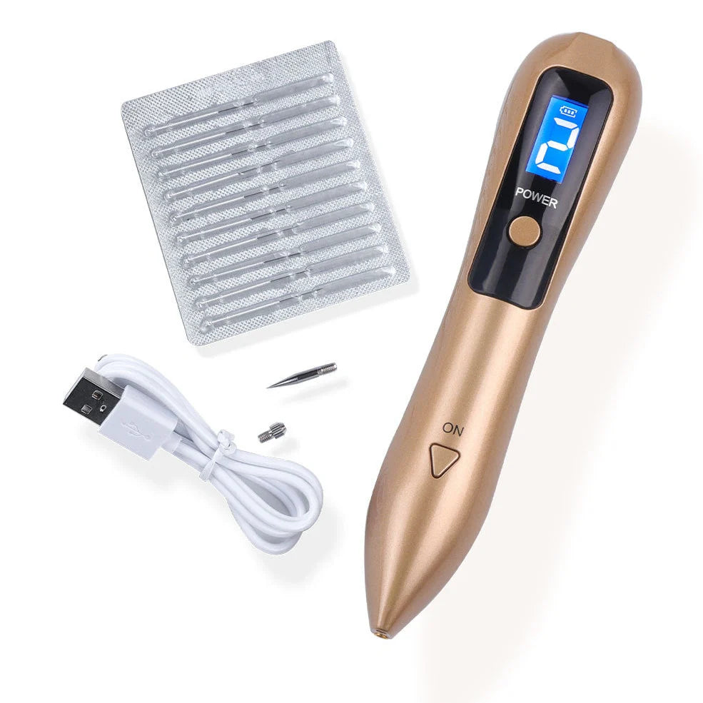 Laser beauty point pen with LCD display showing power level, stainless steel tip, and USB charging port