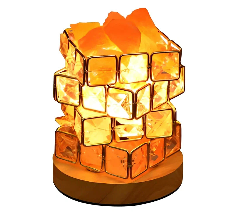Himalayan salt lamp with wooden base and dimmable switch showing pink and orange salt rocks