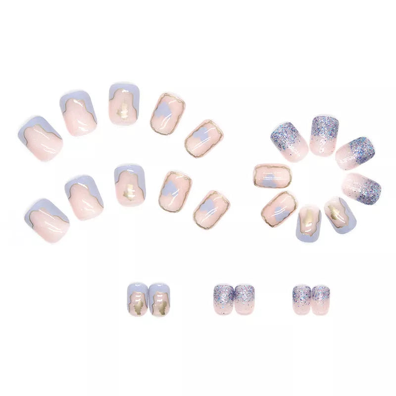 Nude short square fake nails with R593 elegant cream glue, 24 pieces per box