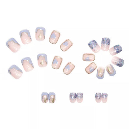 Nude short square fake nails with R593 elegant cream glue, 24 pieces per box