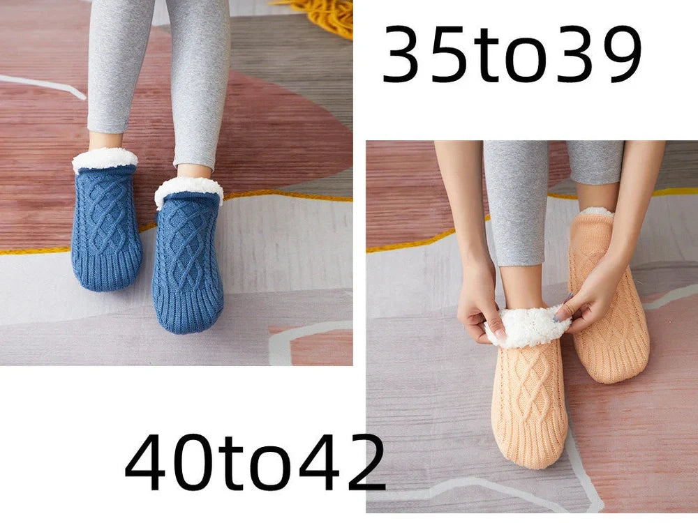 Winter woolen socks with V-opening design and anti-slip dots on soles in navy blue colour