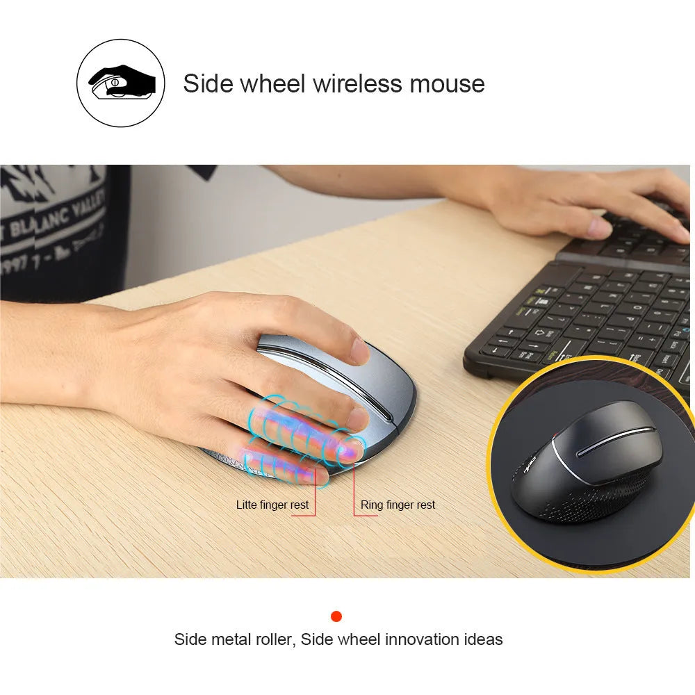 T32 black and silver grey wireless vertical ergonomic mouse with aluminium side roller.