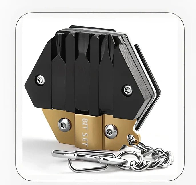 Black multifunctional hexagon keychain knife, 38mm x 13mm stainless steel tool with 2cm blade and key ring