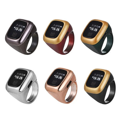 Al-Fatiha black electronic zikr counter on wrist showing digital display, with rose gold and silver colour options visible.