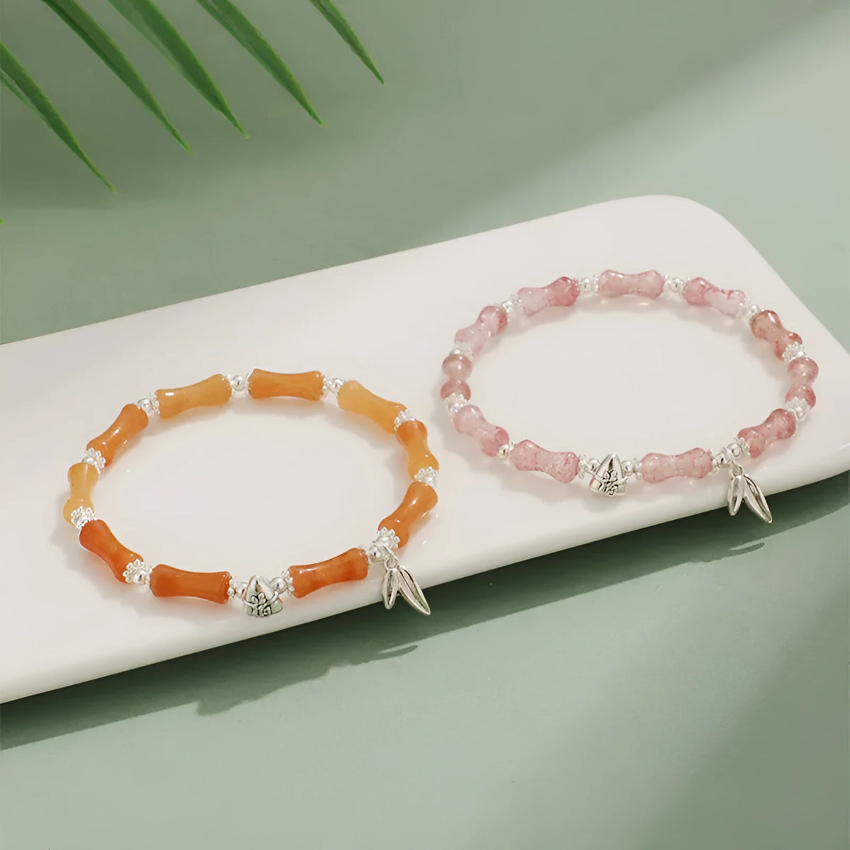 Green Aventurine bamboo pattern bracelet with strawberry quartz and jade beads, electroplated women's jewellery