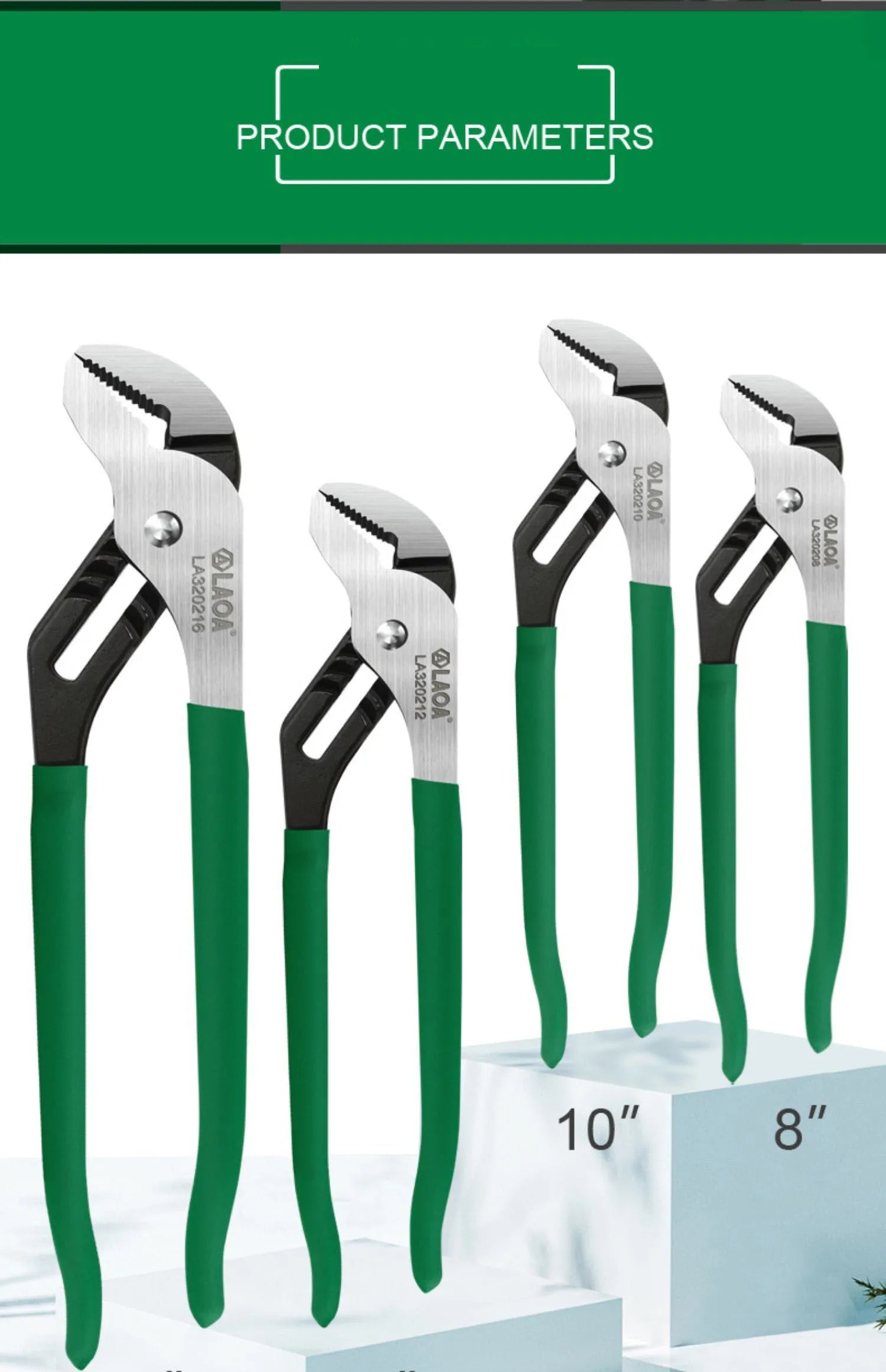 CR-V steel adjustable water pipe wrench set showing four sizes on a workbench.