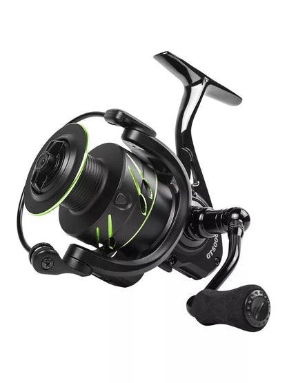 Full metal fishing reel in black with interchangeable handle for left or right hand use