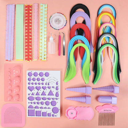 Paper craft kit showing gradient colour paper packs, paper winding disc, wave shaper, and tools in storage box