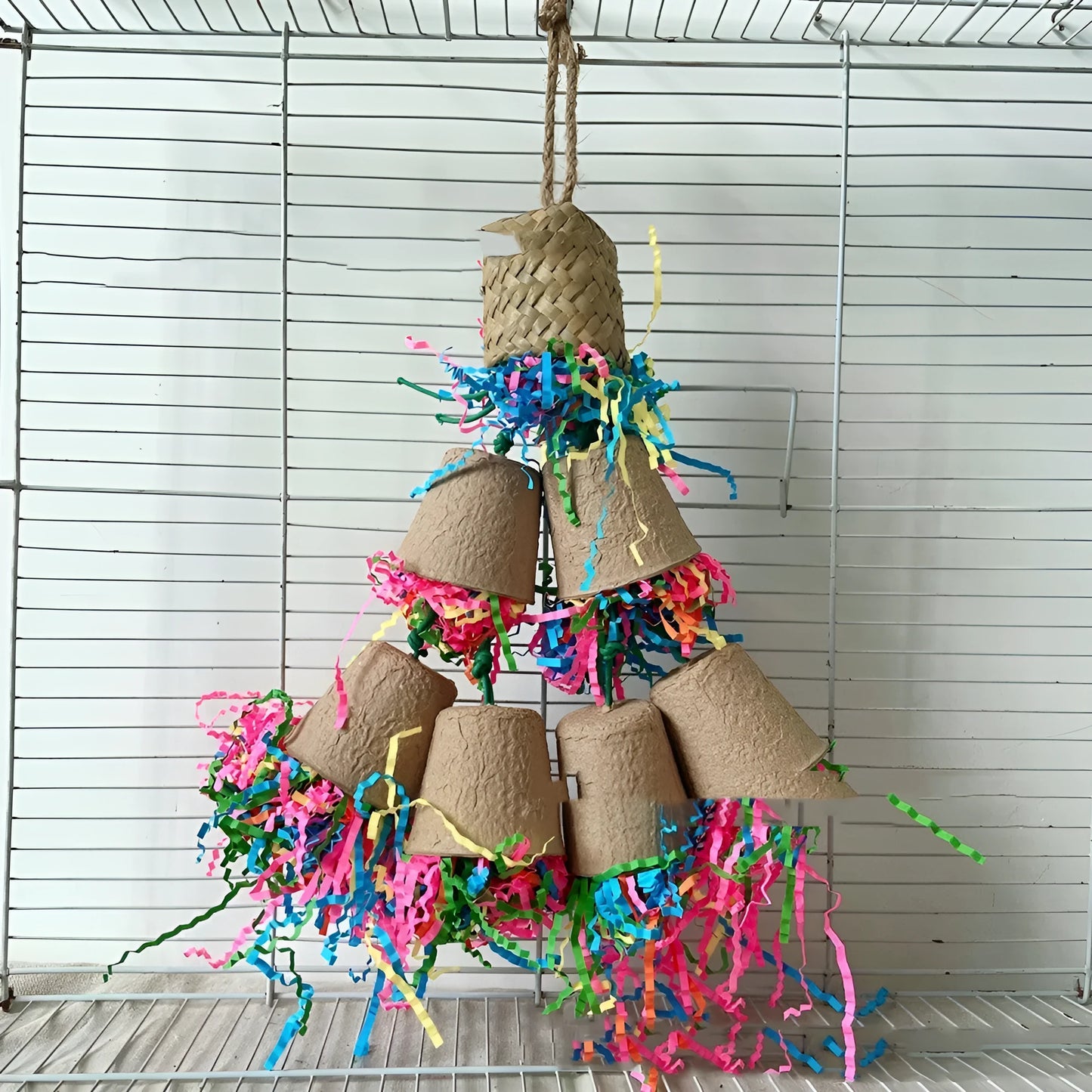 Parrot paper cup palm weaving gnawing toy with natural wood colour hanging at 38cm height