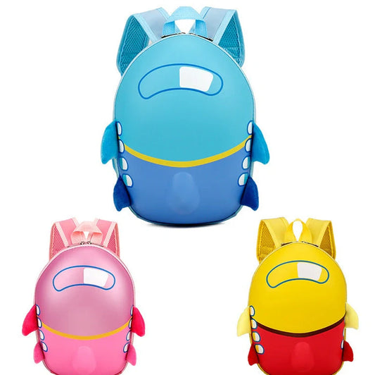Blue aircraft-shaped children's hard shell backpack with cartoon graphics and adjustable shoulder straps