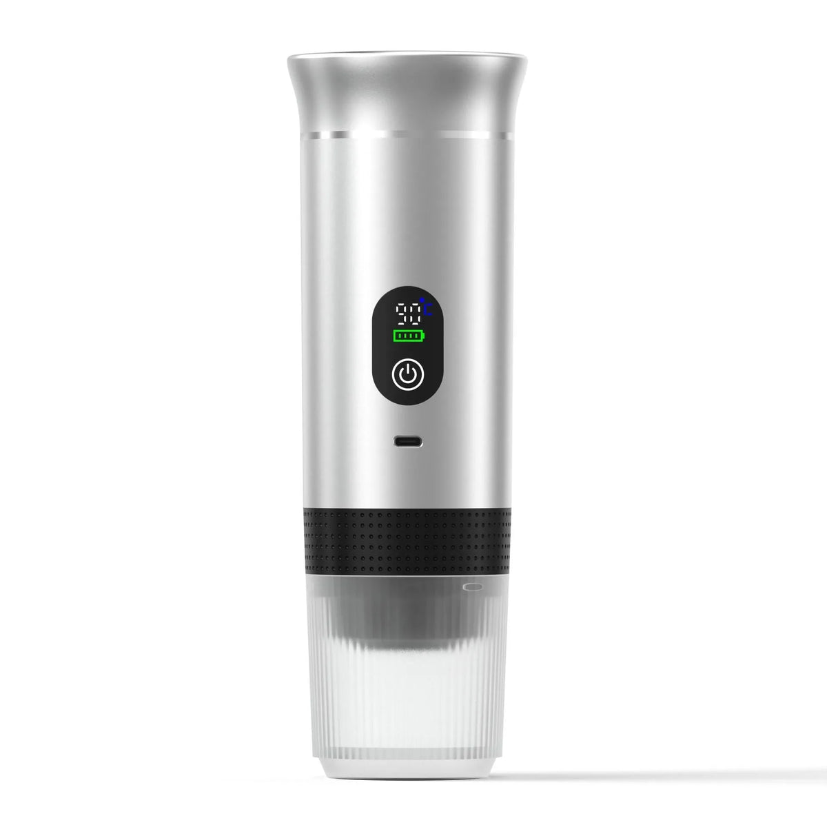 Portable black capsule coffee machine with LCD display for use in electric cars and outdoor travel
