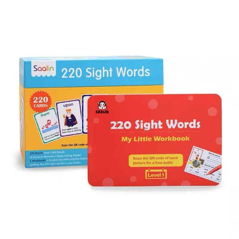 Early childhood education word cards - 220 high frequency word gift box set with coated paper cards and 5 interactive workbooks suitable for children aged 3 years and above, featuring phonics and vocabulary building activities for preschool learning