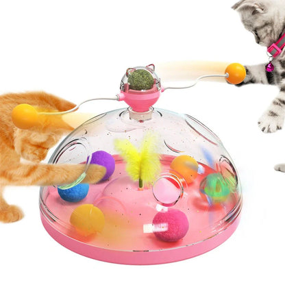 Interactive cat toy with twirling sticks and luminous catnip ball
