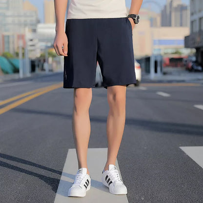 Men's Five-point Sports Shorts in quick-drying cotton, available in gray, black, and blue