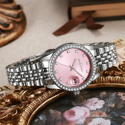 Women's silver alloy calendar watch with quartz movement and stainless steel buckle on wrist.