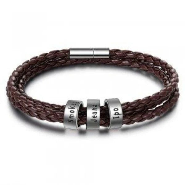 Personalized men's braided leather bracelet with stainless steel beads and custom name charm