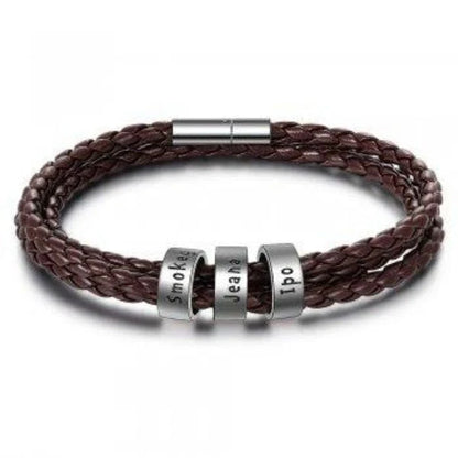Personalized men's braided leather bracelet with stainless steel beads and custom name charm