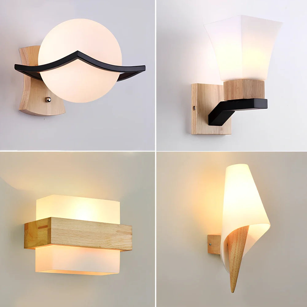 Solid wood table lamp with glass shade and wrought iron elements, 16cm height