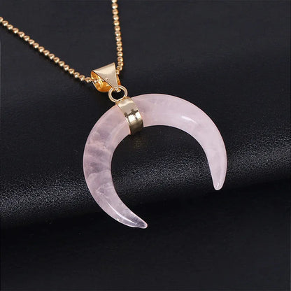 Natural stone moon pendant necklace with electroplated copper fittings on adjustable 45cm chain