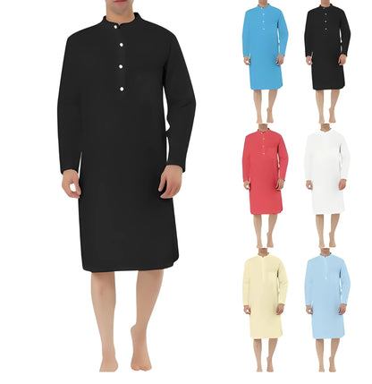 Men's cotton shirt robe in a light blue colour with a front chest pocket and button front.