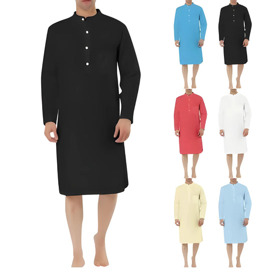 Men's cotton shirt robe in a light blue colour with a front chest pocket and button front.