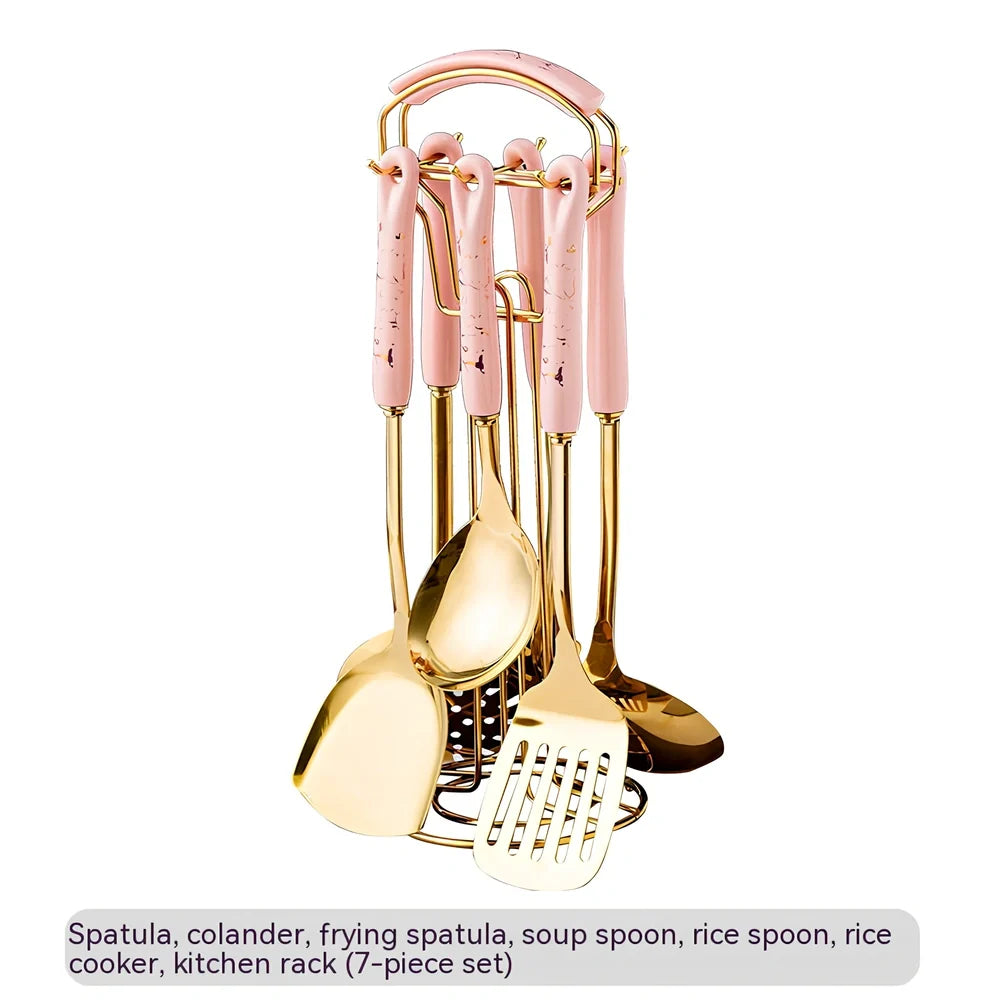 Stainless steel kitchen utensils set with eight pieces in multiple colours including black, green, pink, and white options