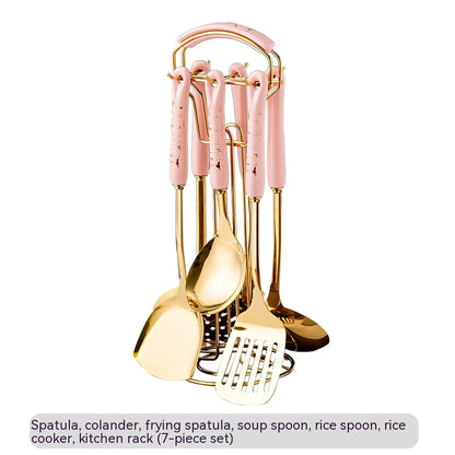 Stainless steel kitchen utensils set with eight pieces in multiple colours including black, green, pink, and white options